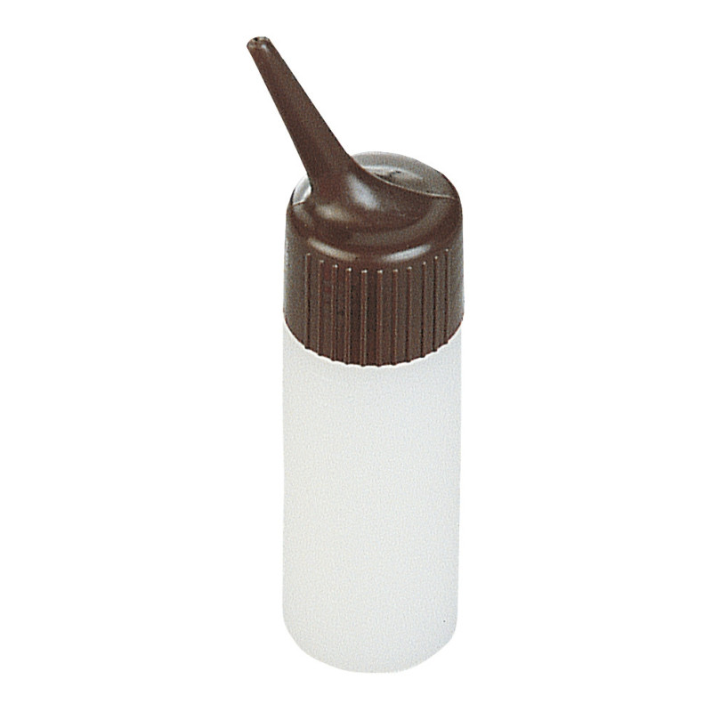Measuring cup, for perming hair, plastic, transparent white, with a brown cap, 120 ml, 1 piece.