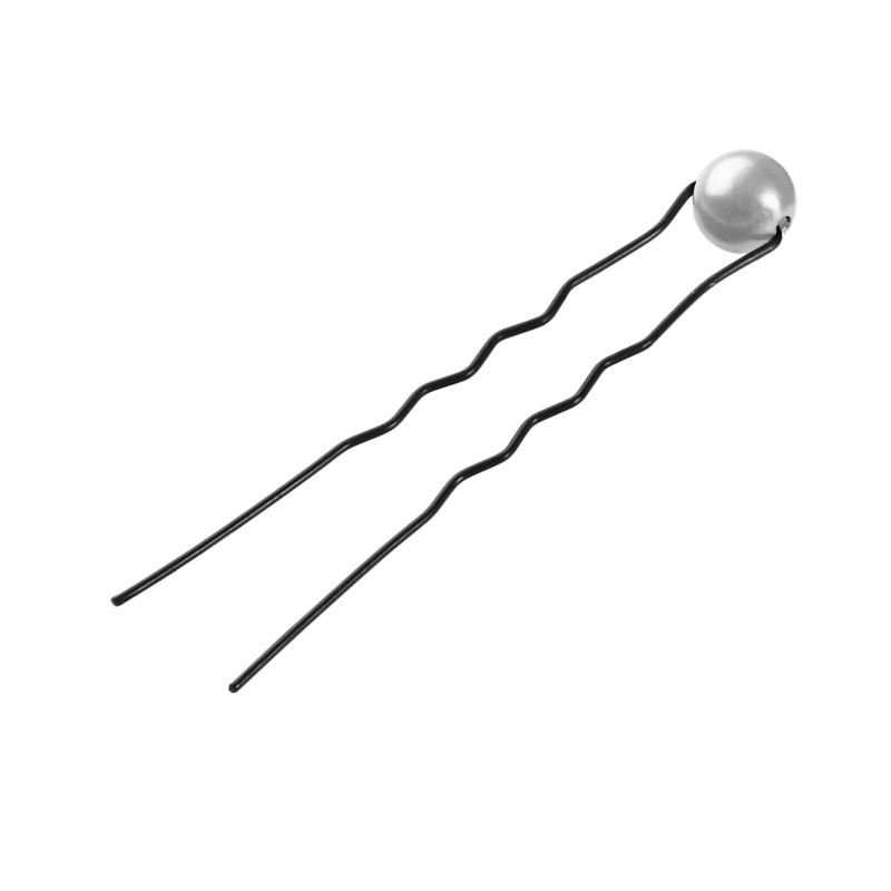 Bobby pins, wavy, 65mm, black, with white pearl (8mm), 50 pieces