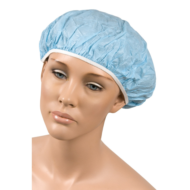 Shower cap, made of plastic, with elastic