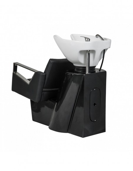 Salon backwash unit with black chair and pedestal, white basin