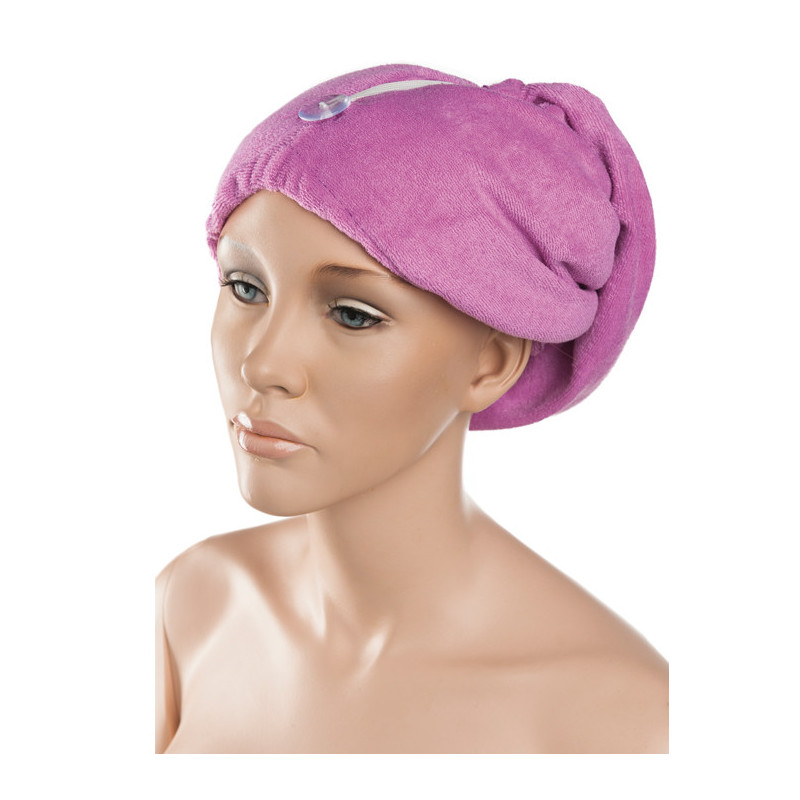 Towel for drying hair, closed with a button and a ribbon, white,