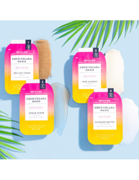 VOESH - PEDI IN A BOX Komplekts pēdām Coco Colada Oasis sausai ādai, atsvaidzinošs, 4 līdzekļi