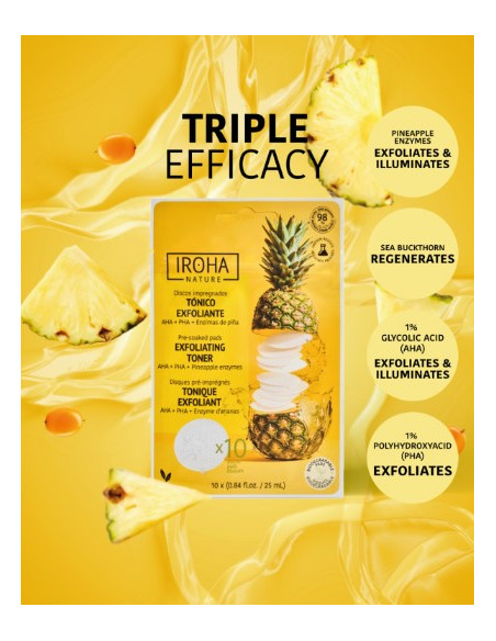IROHA NATURE Отшелушивающие и сияющие тонизирующие подушечки с гликолевой кислотой и ферментами ананаса 10шт.