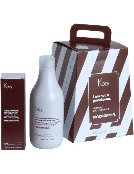 KEZY Komplekts trauslu-bojātu matu kopšanai MACADAMIA (Šampūns 385ml + Eļļa 100ml)